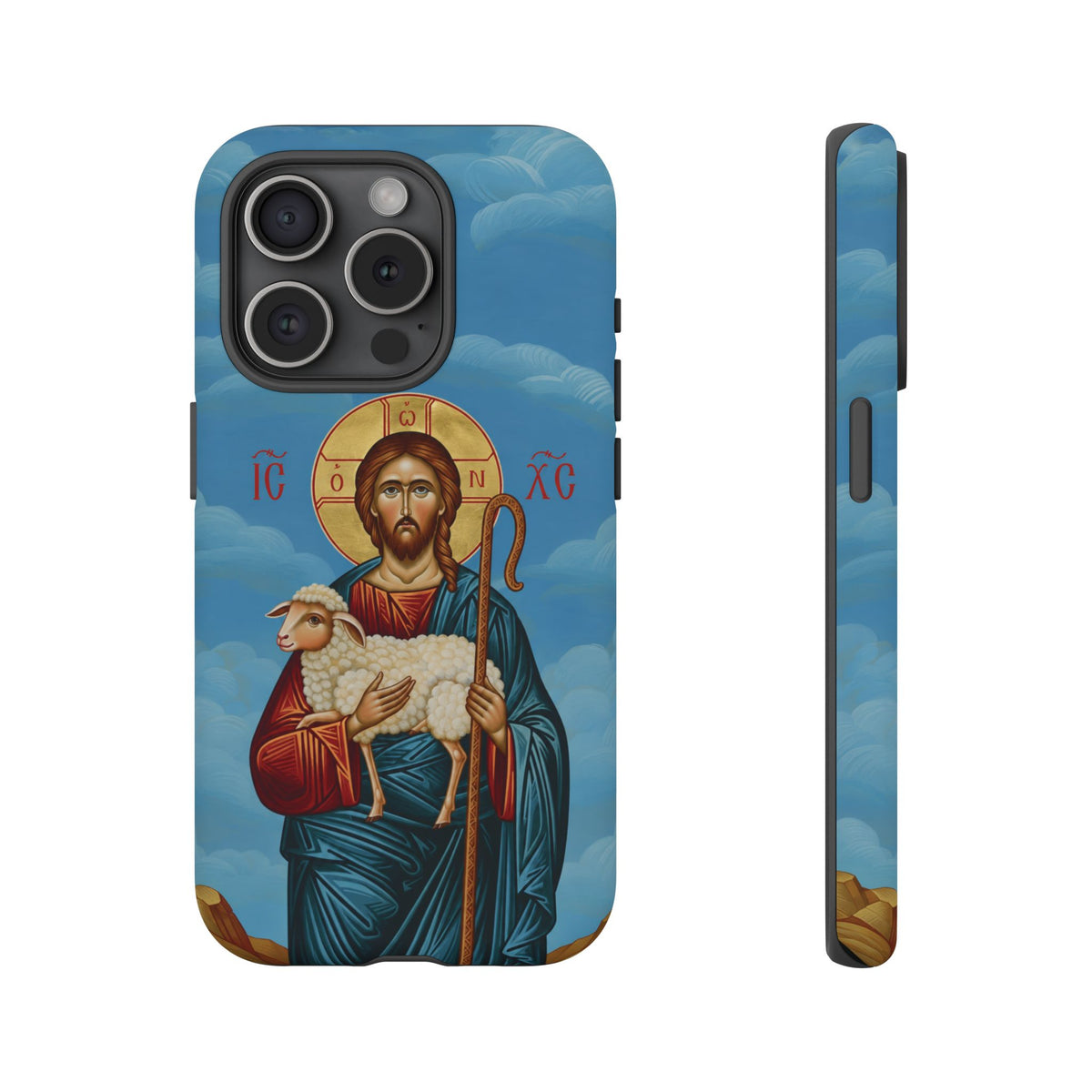 Christelijk telefoonhoesje De Goede Herder blauw mat