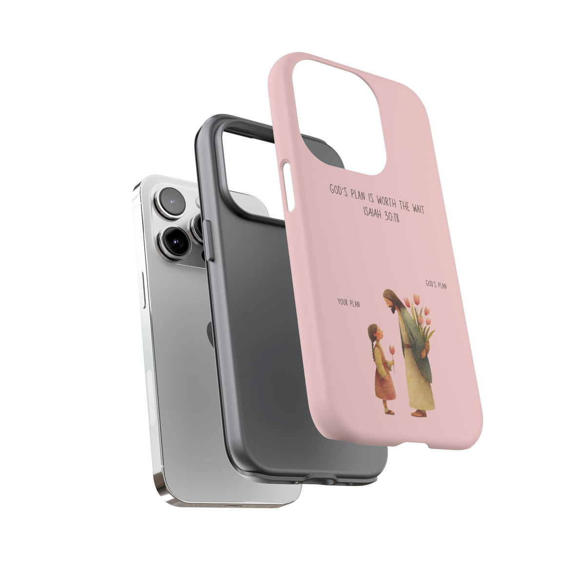 Christelijk telefoonhoesje Gods plan is beter roze mat