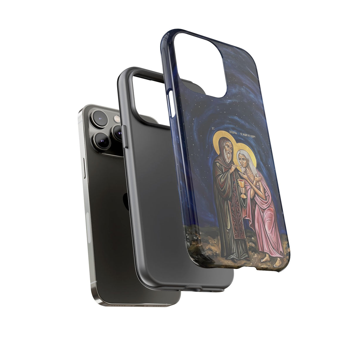 Christelijk telefoonhoesje Maria van Egypte en Sint-Zosimas donkerblauw mat