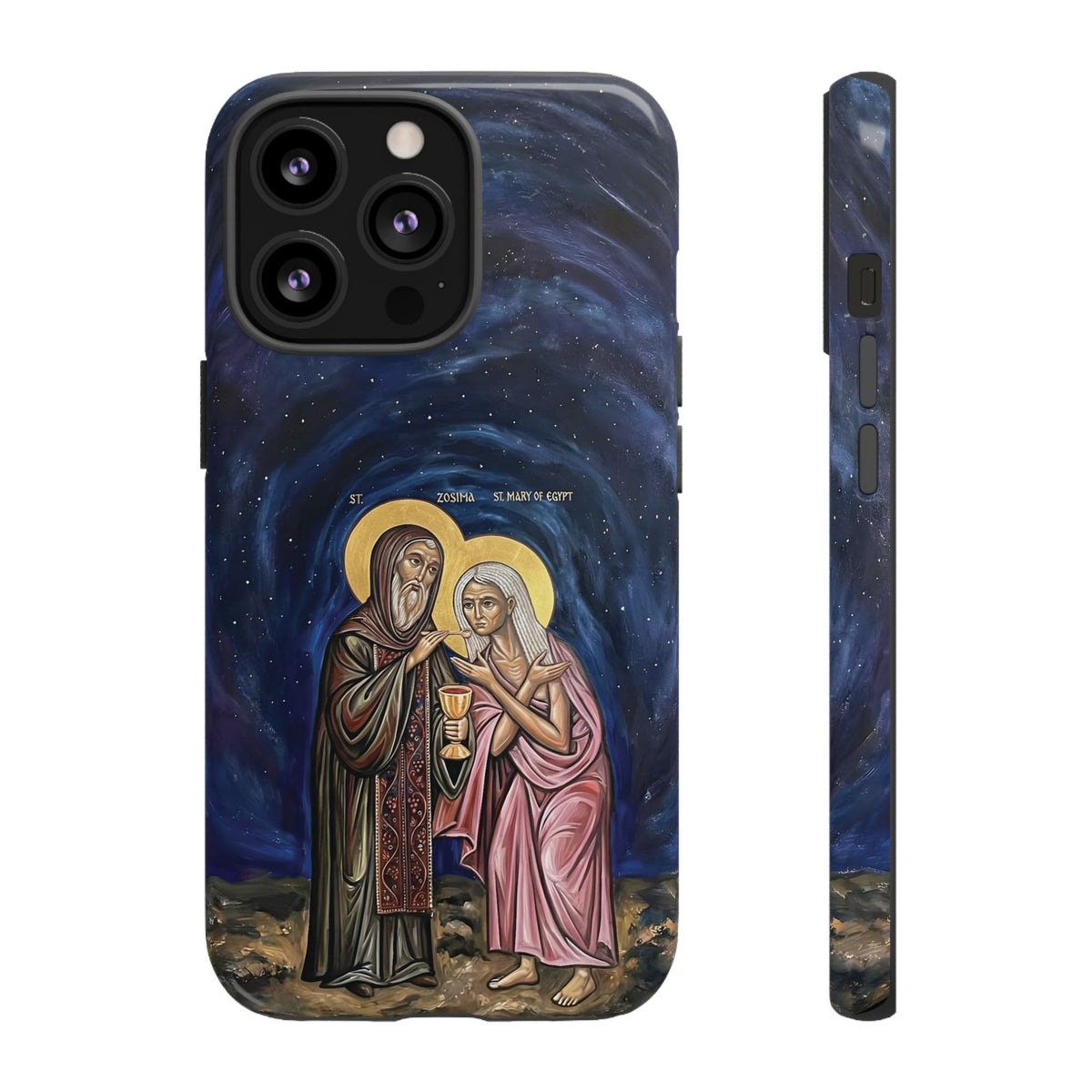 Christelijk telefoonhoesje Maria van Egypte en Sint-Zosimas donkerblauw mat