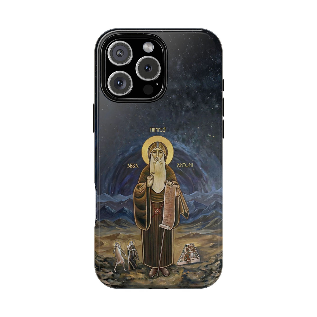 Christelijk telefoonhoesje Sint-Antonius de Grote donkerblauw mat