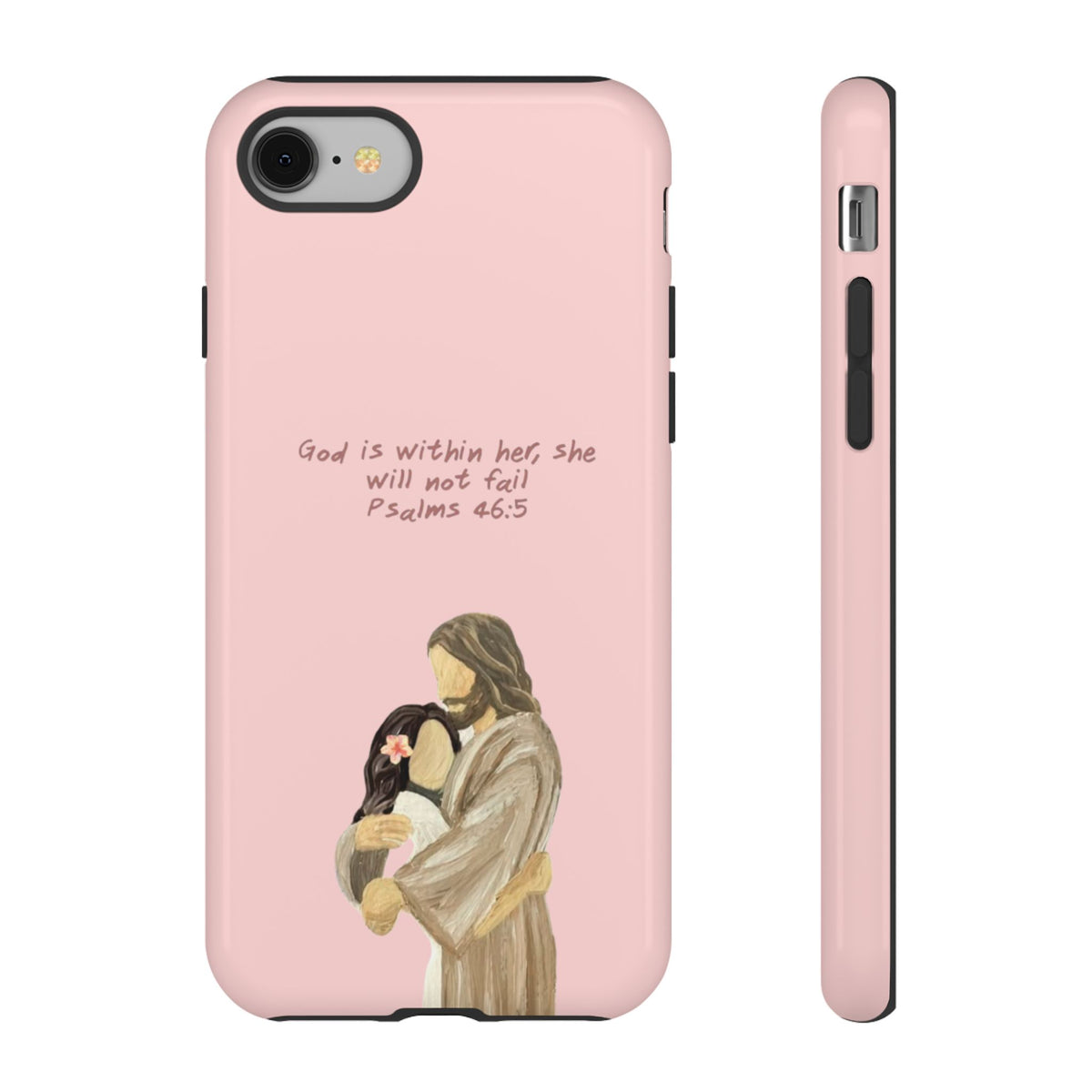 Christelijk telefoonhoesje God is in haar roze mat