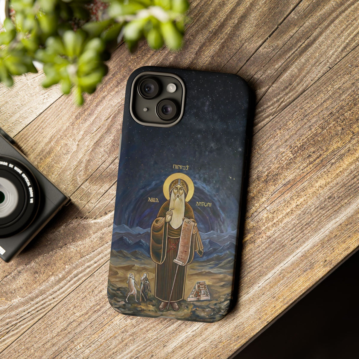 Christelijk telefoonhoesje Sint-Antonius de Grote donkerblauw mat