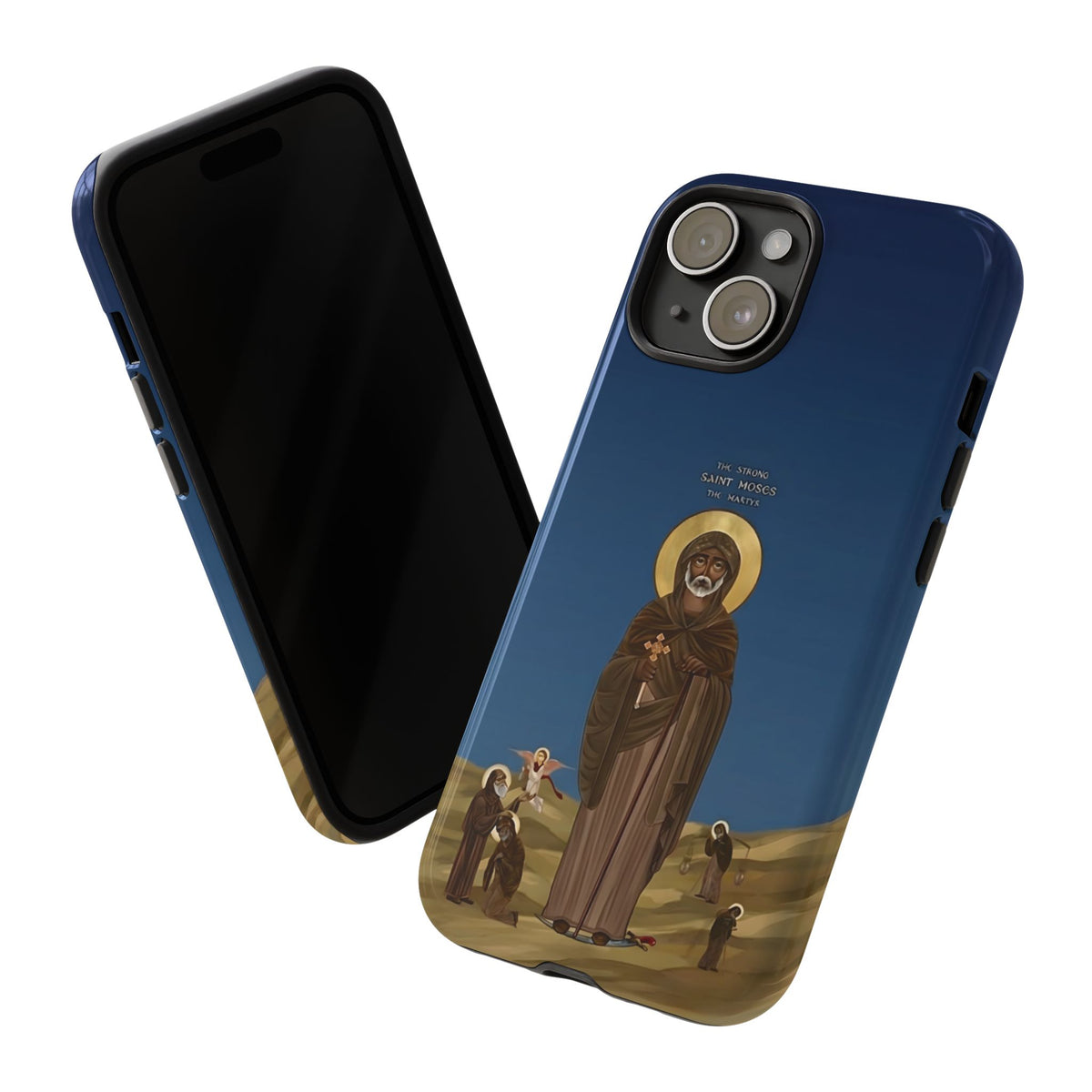 Christelijk telefoonhoesje Sint-Mozes de Sterke blauw mat