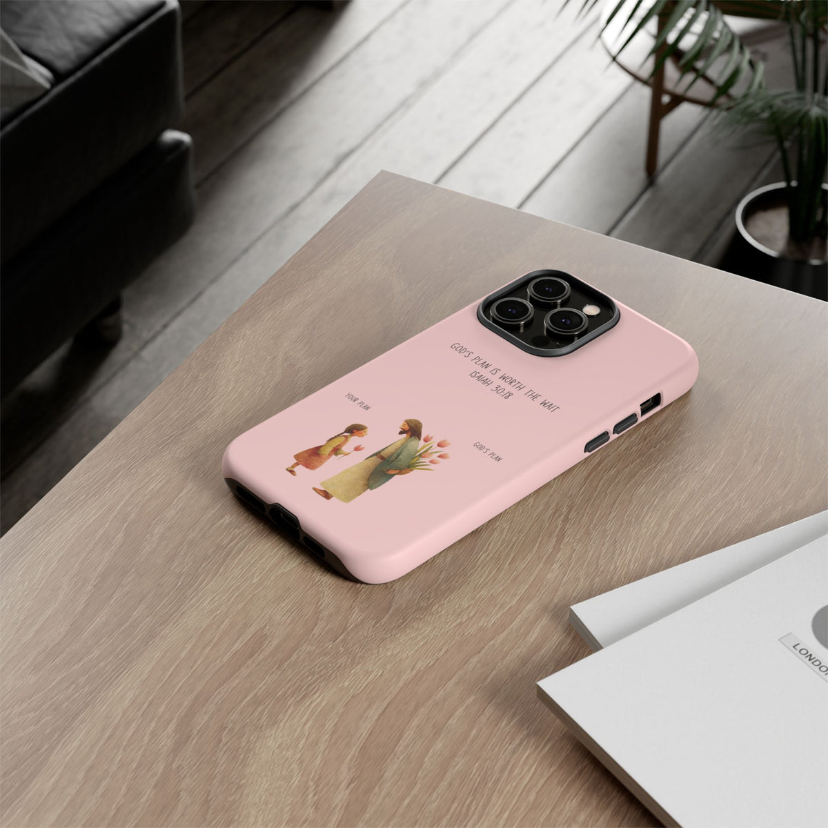 Christelijk telefoonhoesje Gods plan is beter roze mat