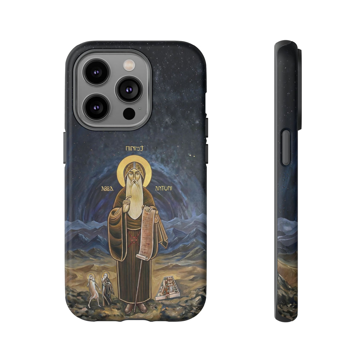 Christelijk telefoonhoesje Sint-Antonius de Grote donkerblauw mat