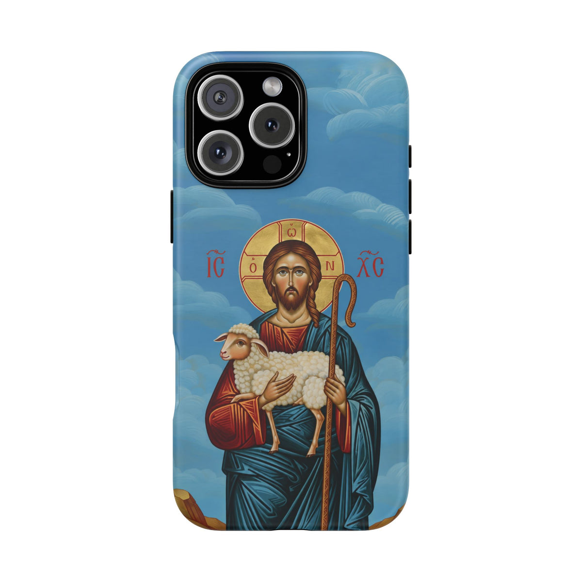Christelijk telefoonhoesje De Goede Herder blauw mat