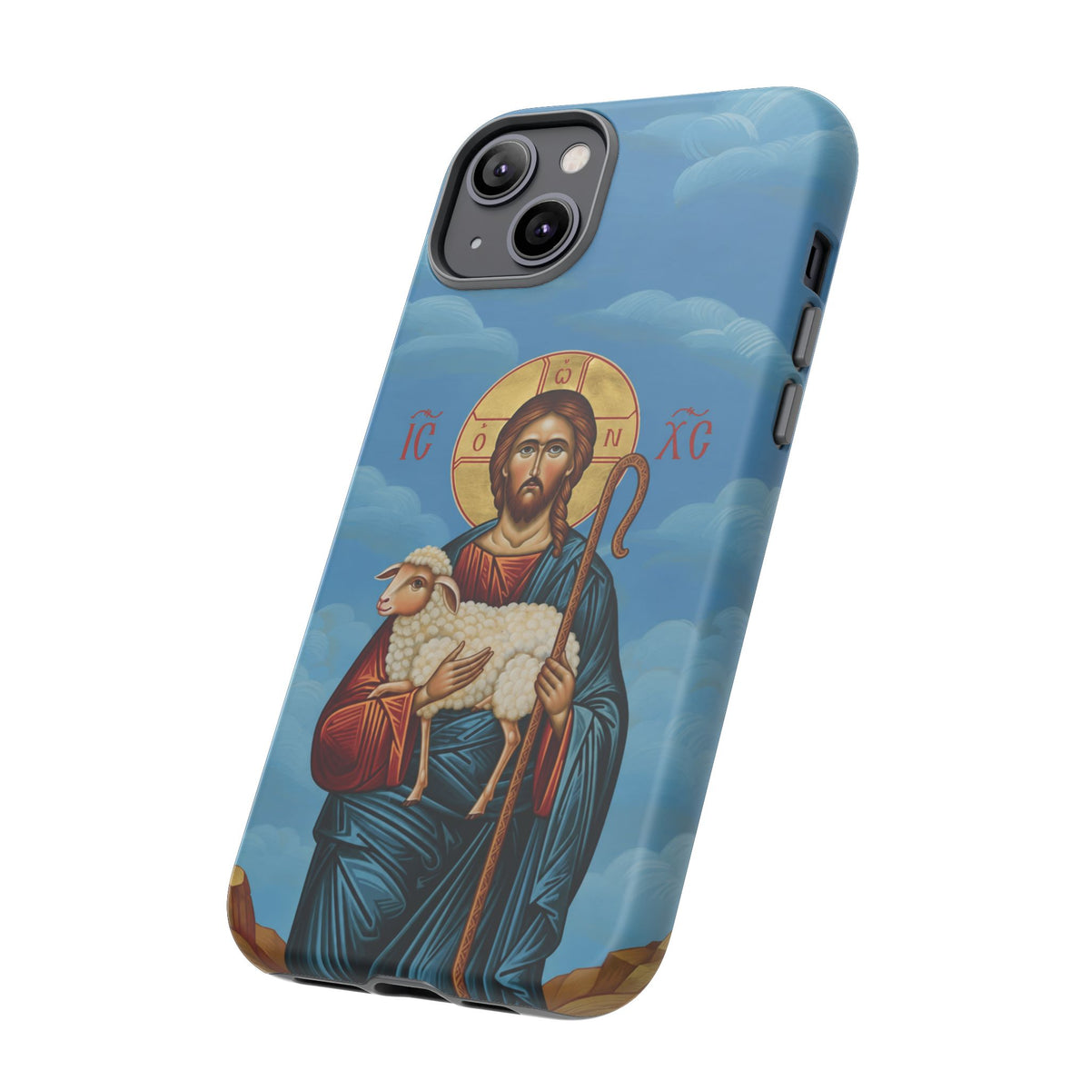 Christelijk telefoonhoesje De Goede Herder blauw mat