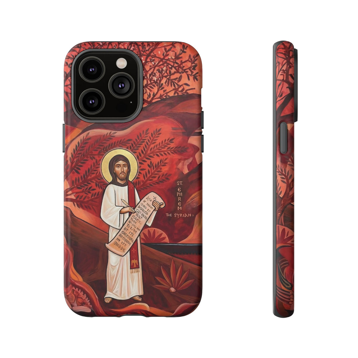 Christelijk telefoonhoesje Sint-Efrem de Syriër rood mat