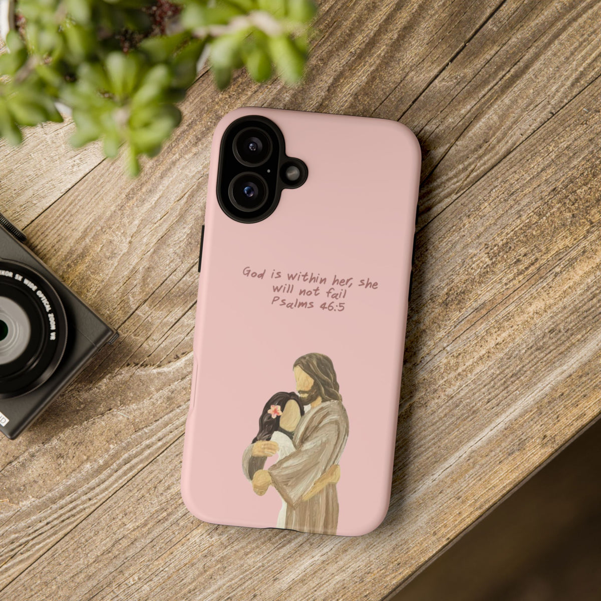 Christelijk telefoonhoesje God is in haar roze mat