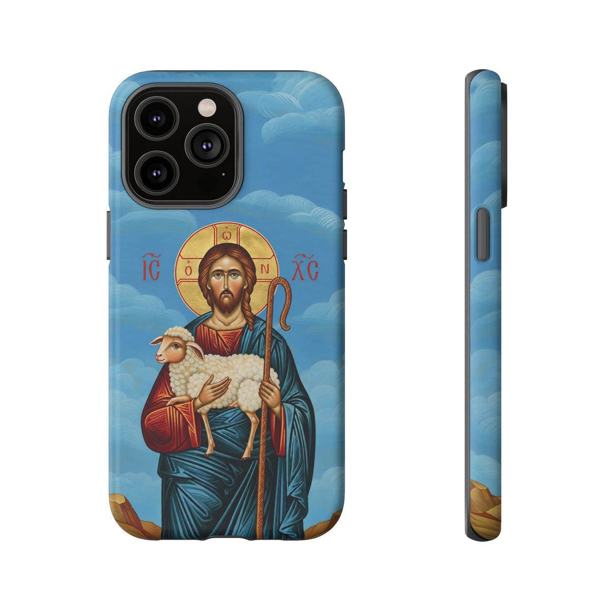 Christelijk telefoonhoesje De Goede Herder blauw mat
