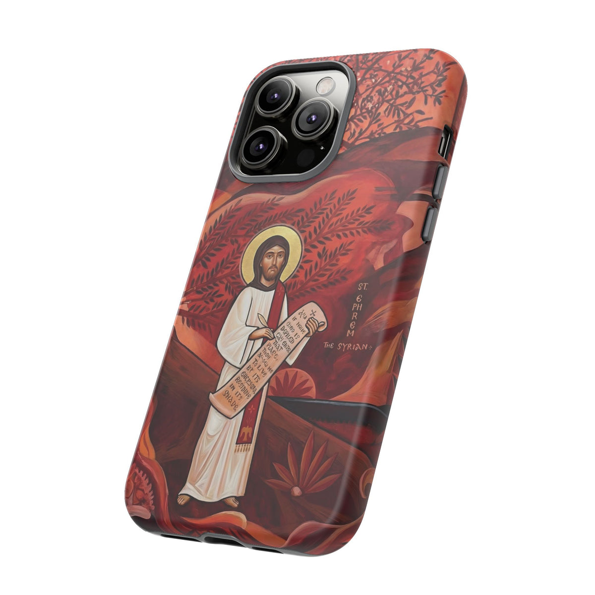 Christelijk telefoonhoesje Sint-Efrem de Syriër rood mat