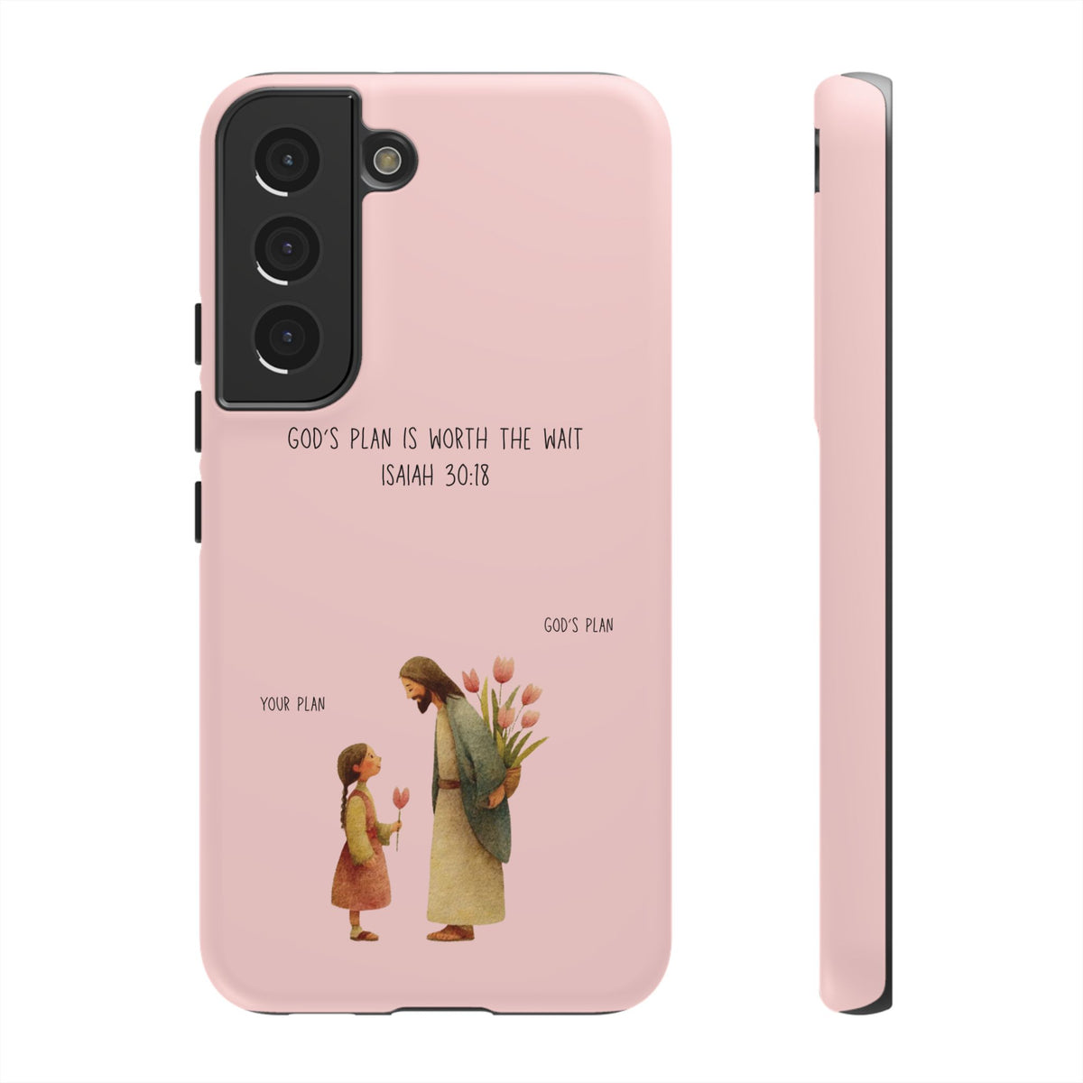 Christelijk telefoonhoesje Gods plan is beter roze mat