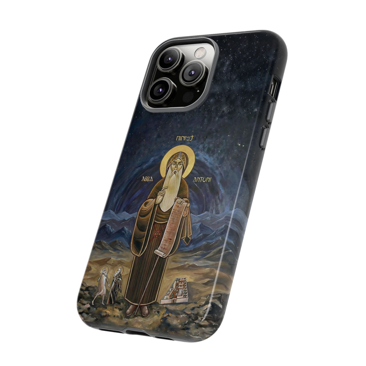 Christelijk telefoonhoesje Sint-Antonius de Grote donkerblauw mat