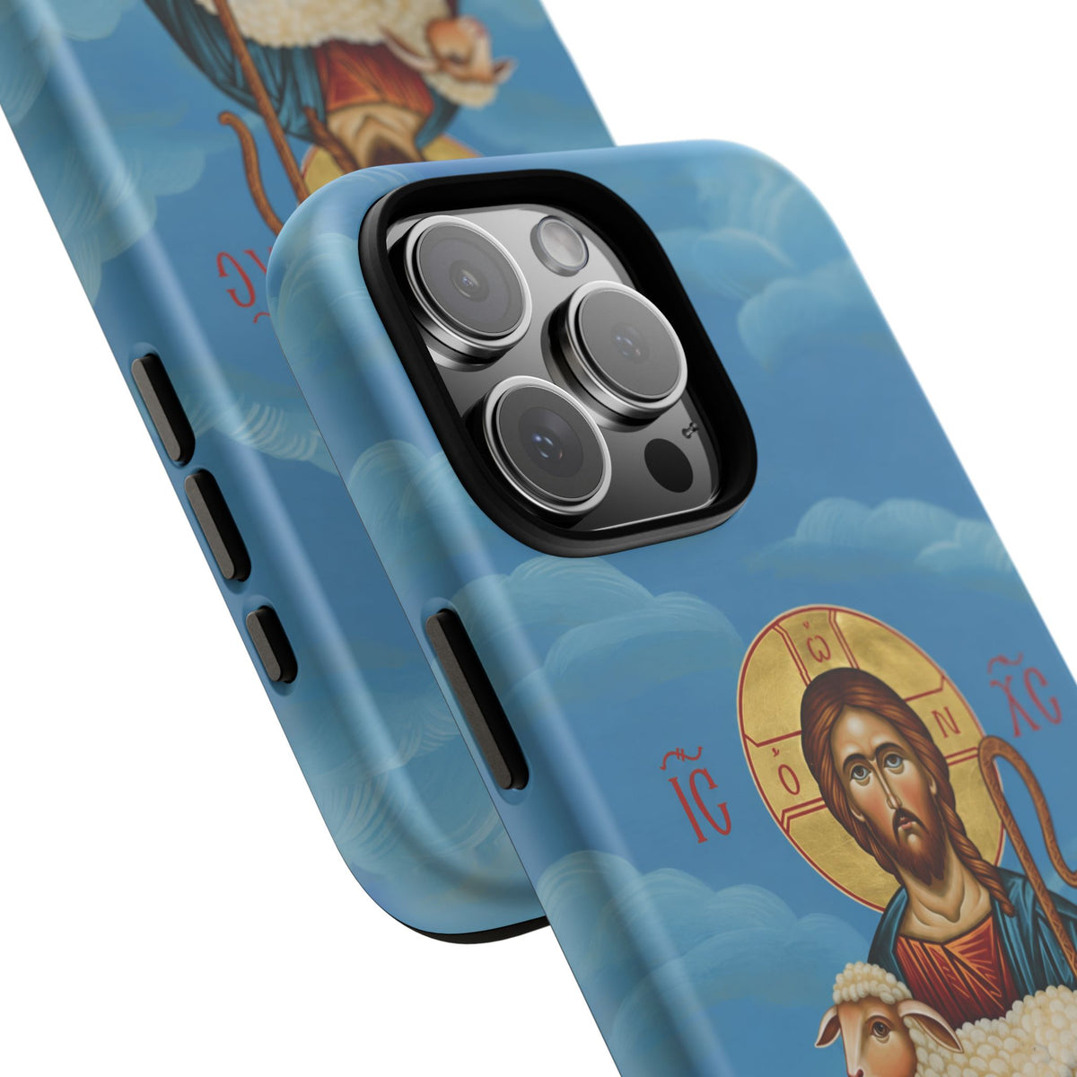 Christelijk telefoonhoesje De Goede Herder blauw mat