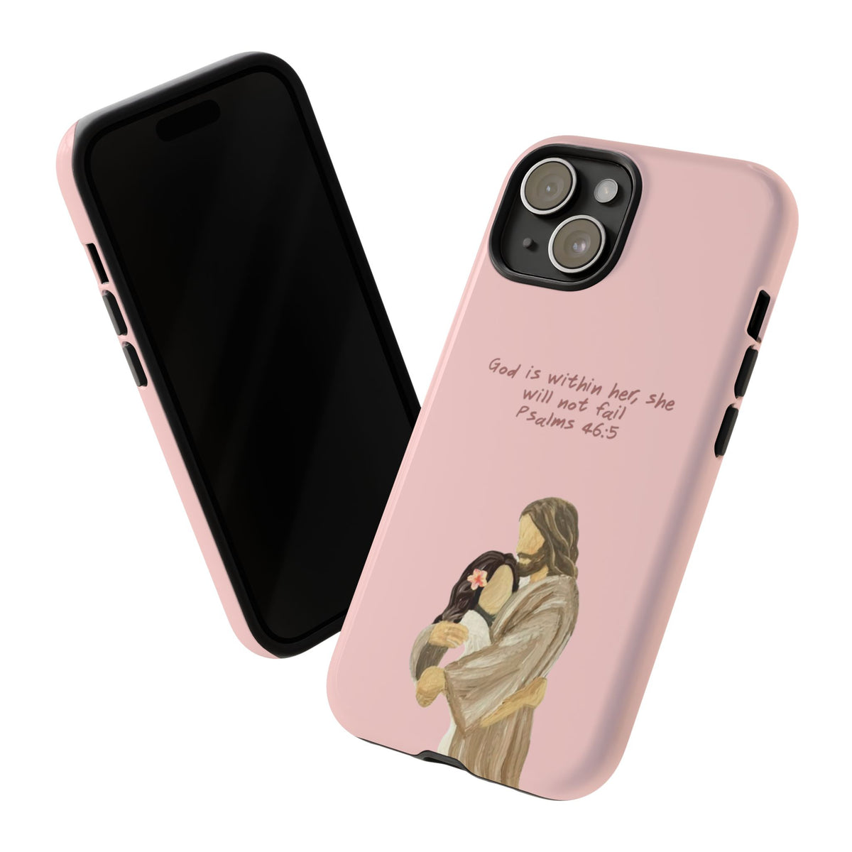 Christelijk telefoonhoesje God is in haar roze mat