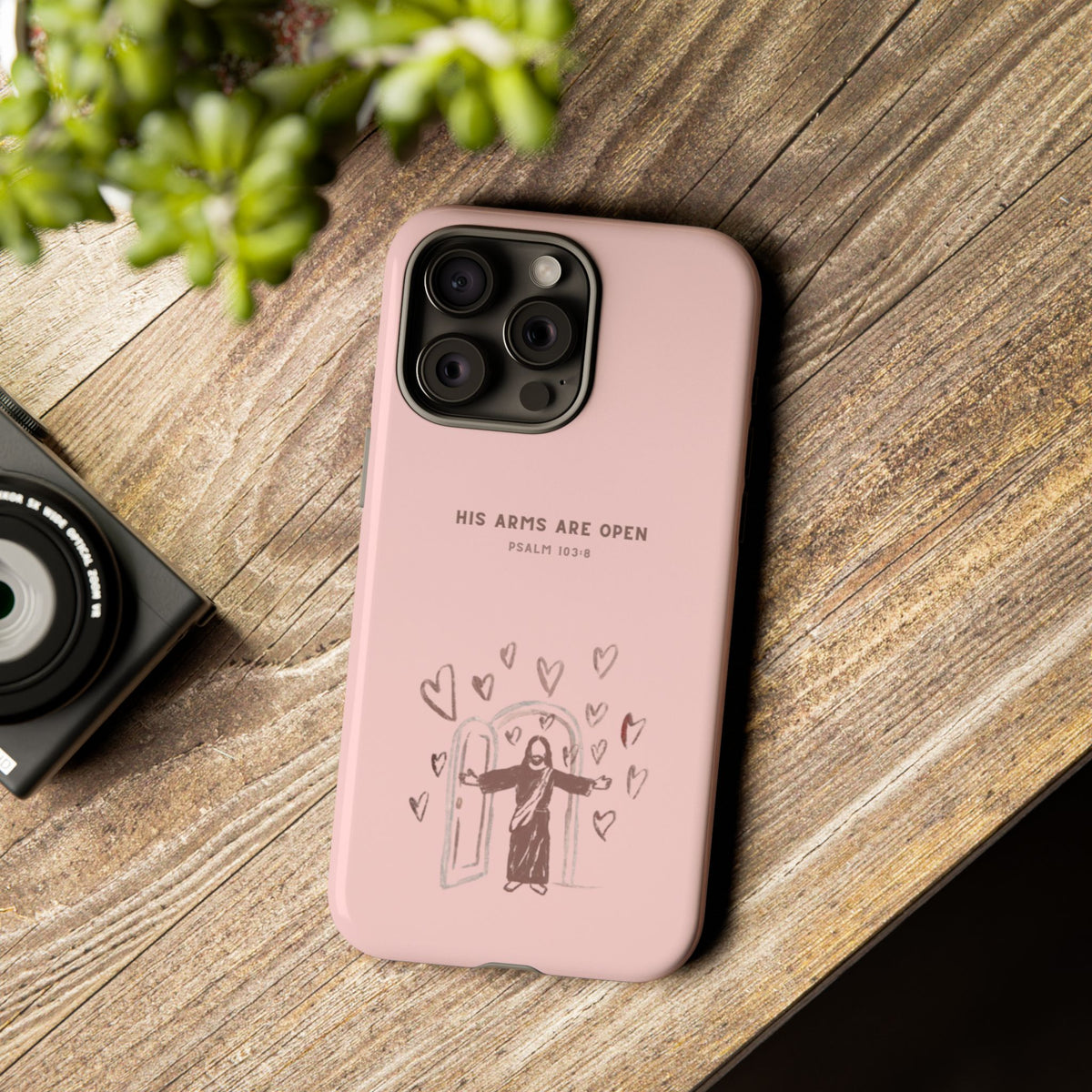 Christelijk telefoonhoesje Zijn armen staan open roze mat