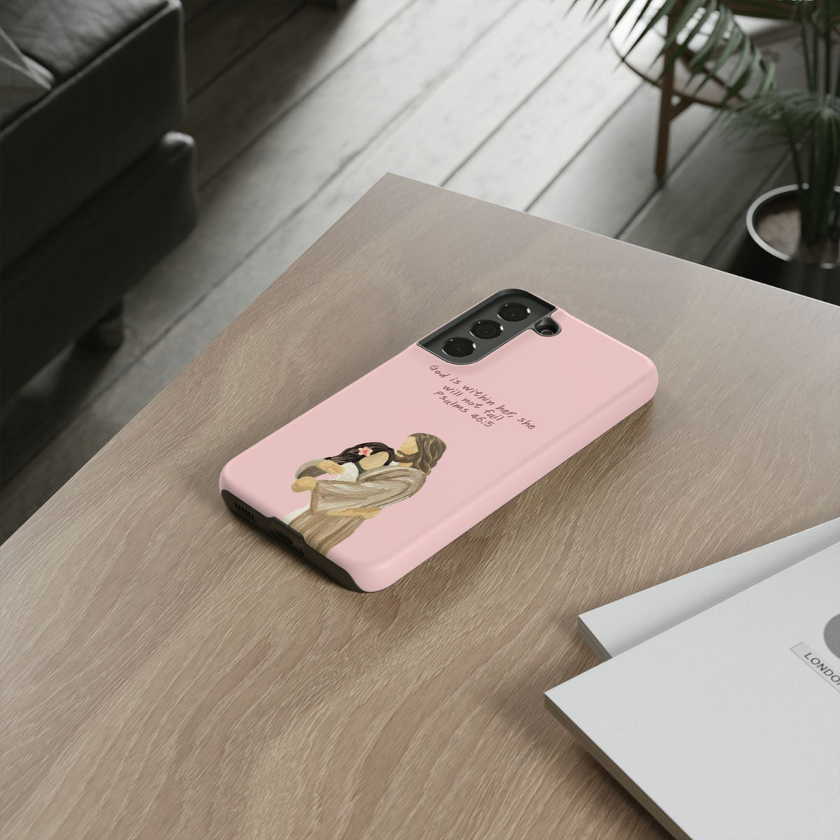 Christelijk telefoonhoesje God is in haar roze mat
