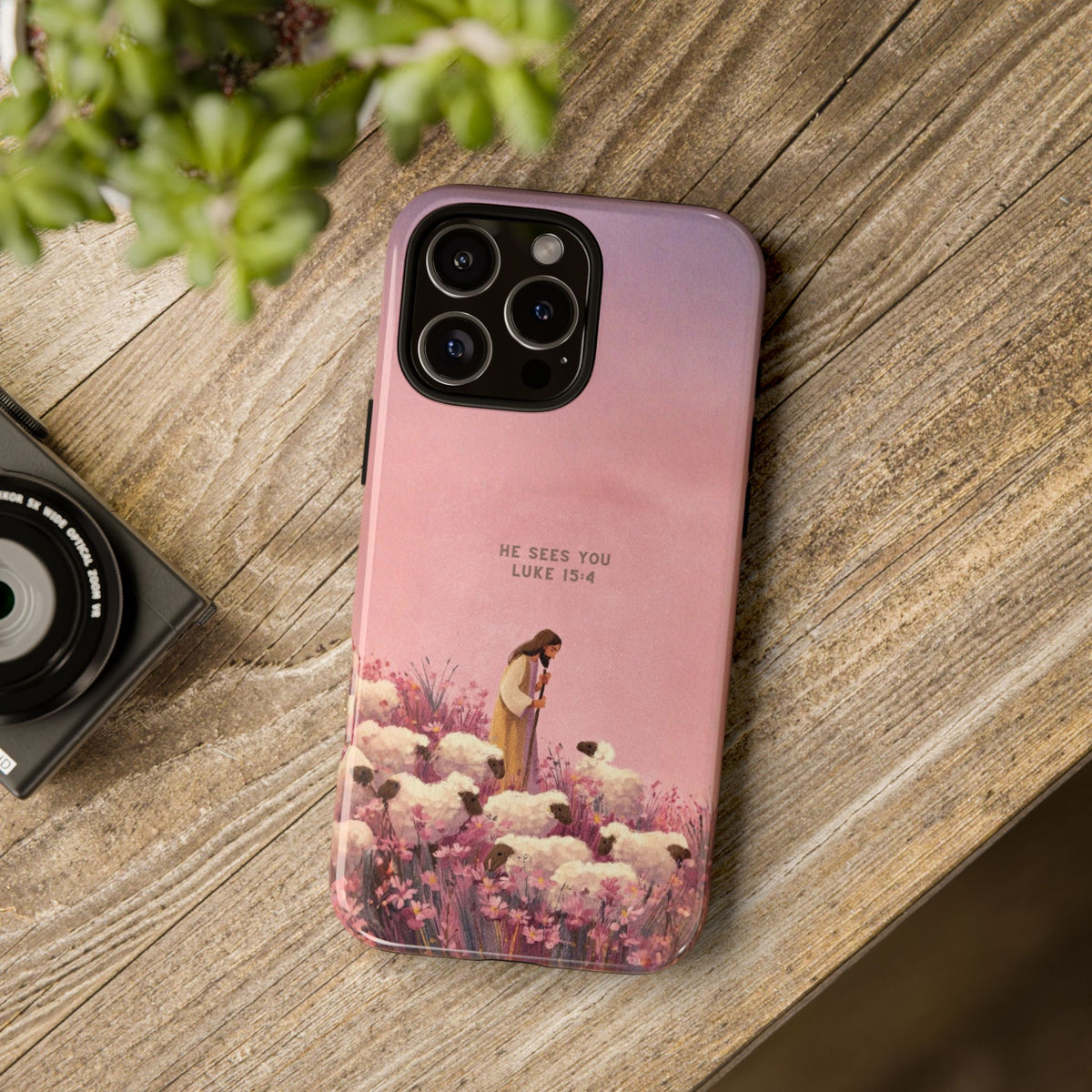 Christelijk telefoonhoesje Hij ziet jou roze mat
