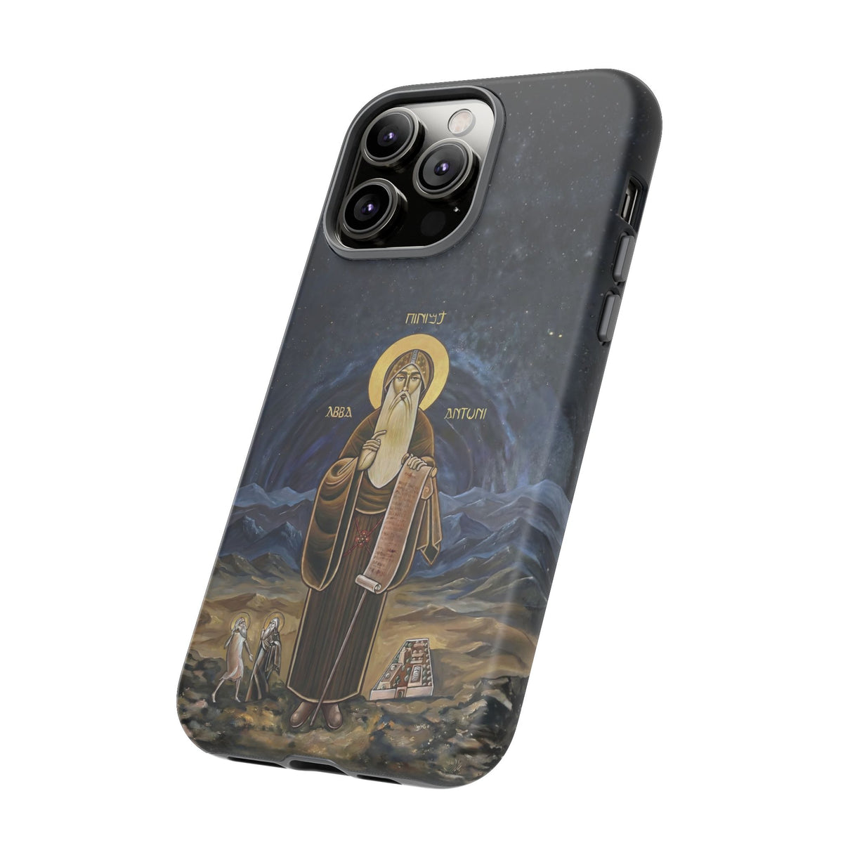 Christelijk telefoonhoesje Sint-Antonius de Grote donkerblauw mat
