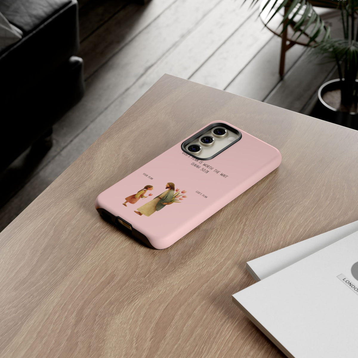 Christelijk telefoonhoesje Gods plan is beter roze mat