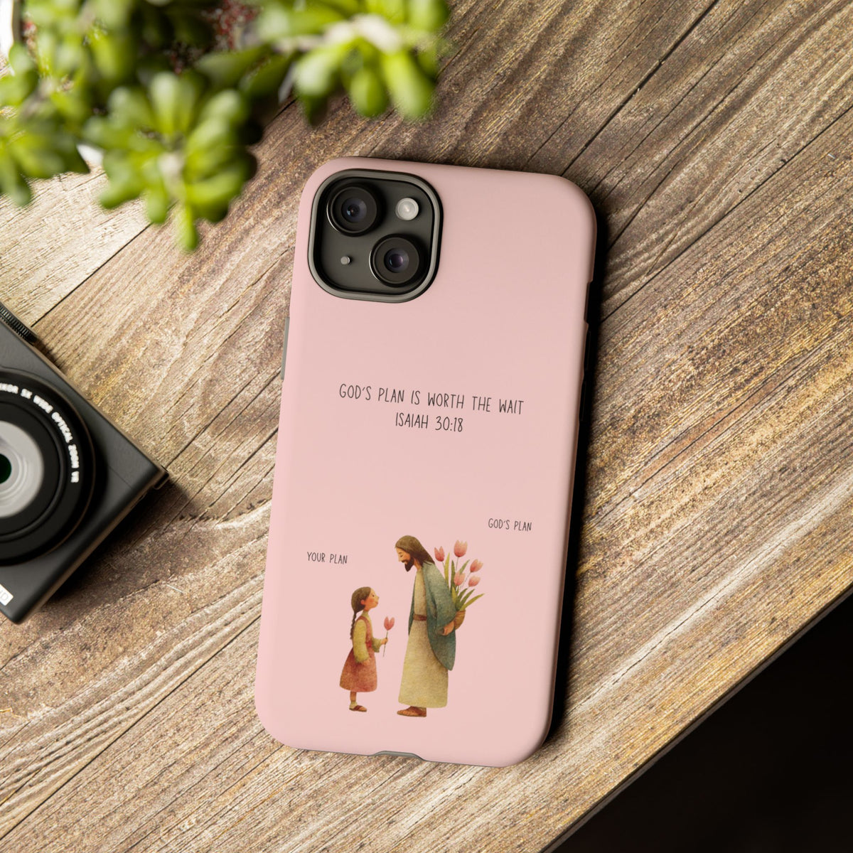 Christelijk telefoonhoesje Gods plan is beter roze mat