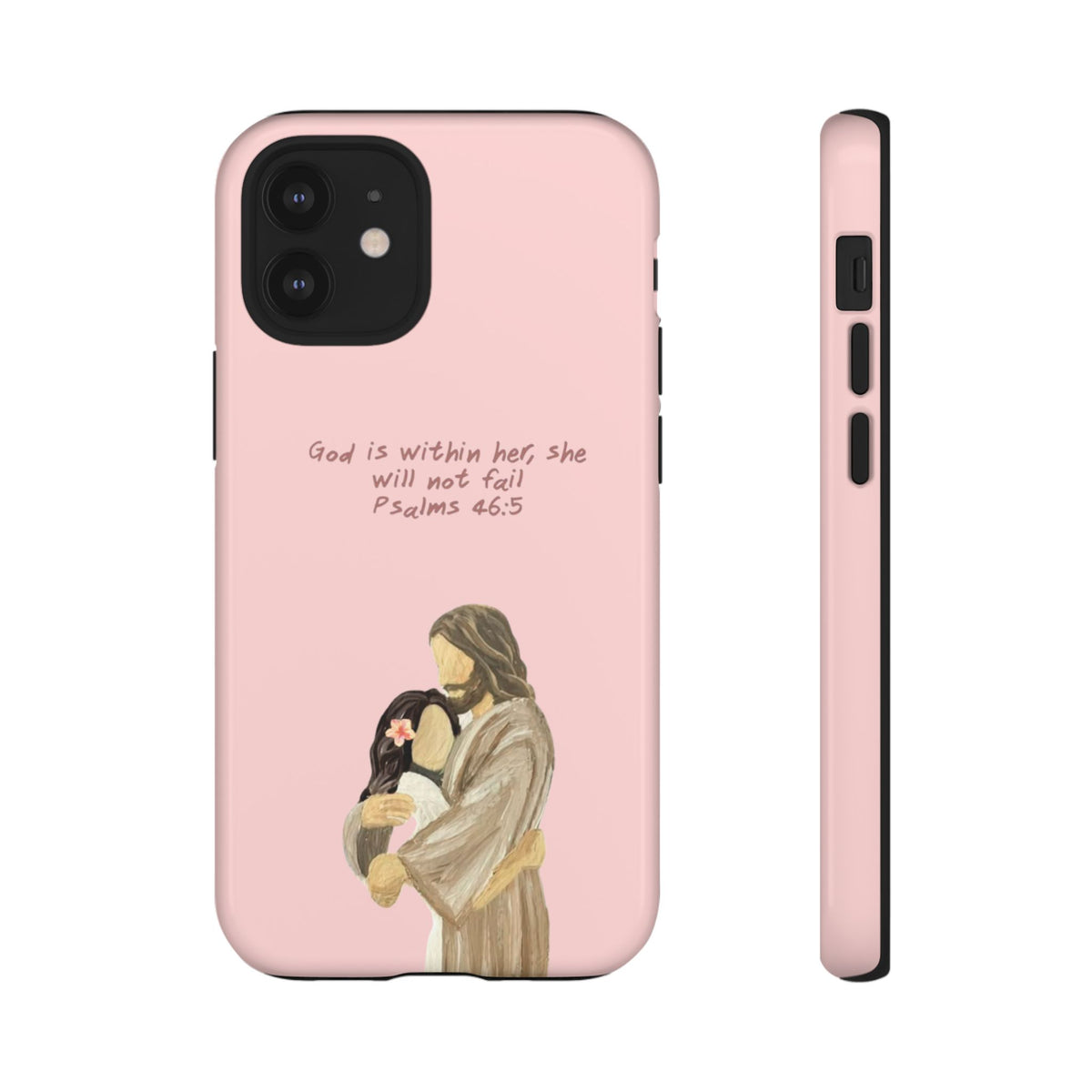 Christelijk telefoonhoesje God is in haar roze mat