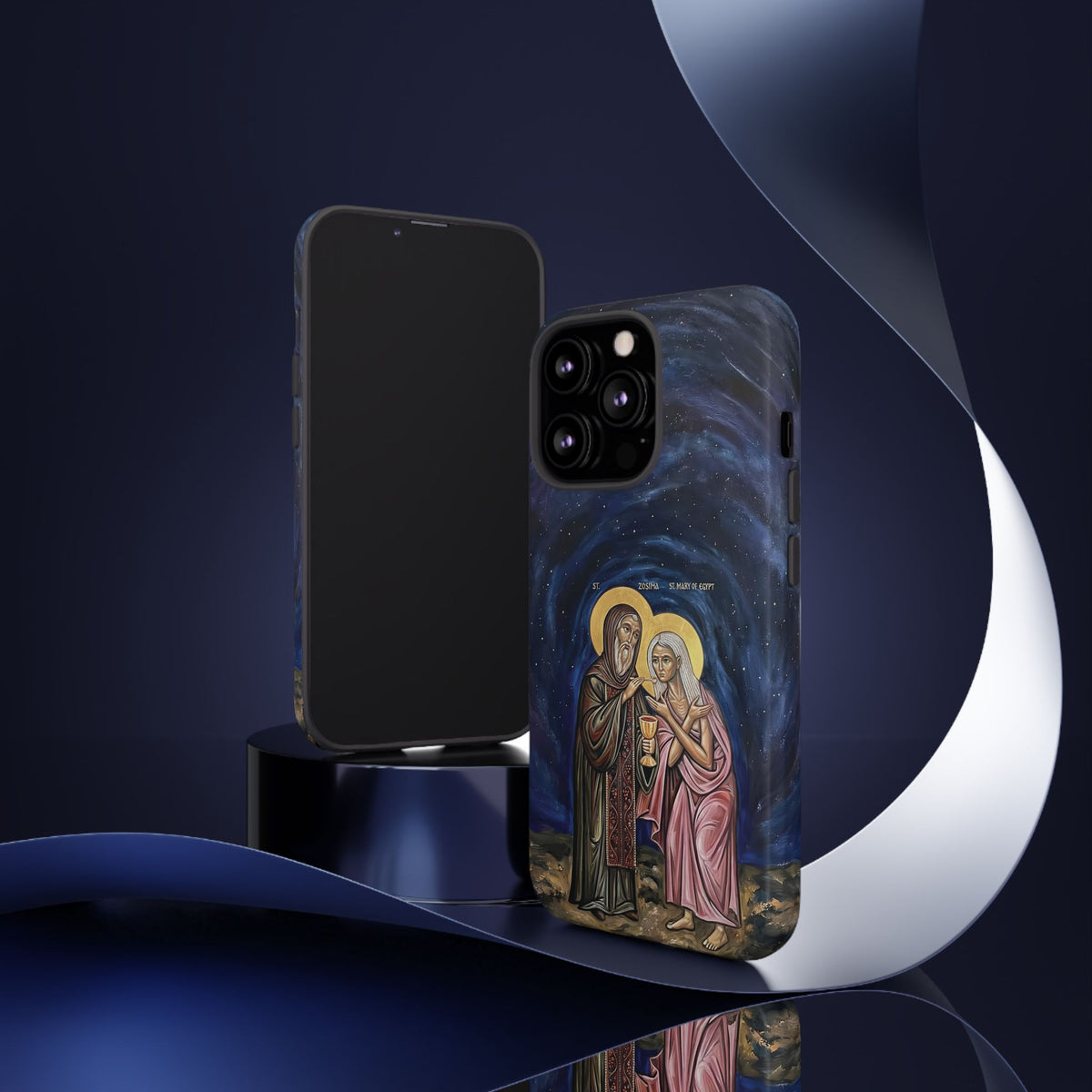 Christelijk telefoonhoesje Maria van Egypte en Sint-Zosimas donkerblauw mat