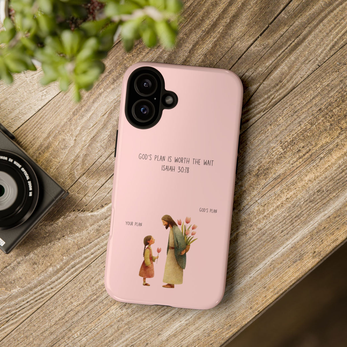 Christelijk telefoonhoesje Gods plan is beter roze mat