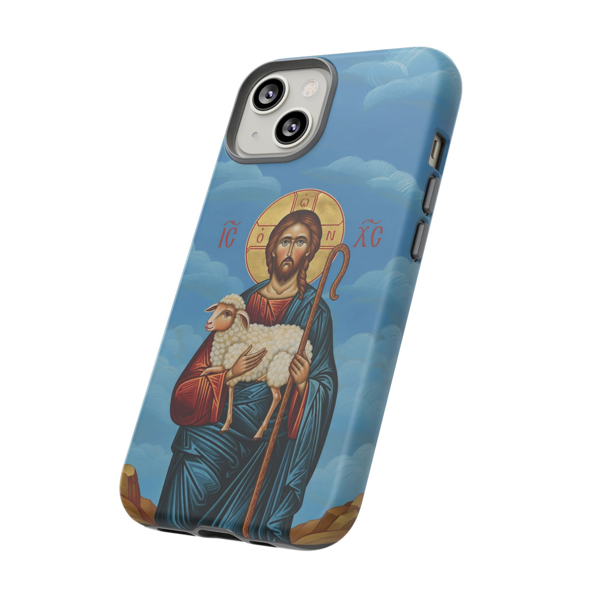 Christelijk telefoonhoesje De Goede Herder blauw mat