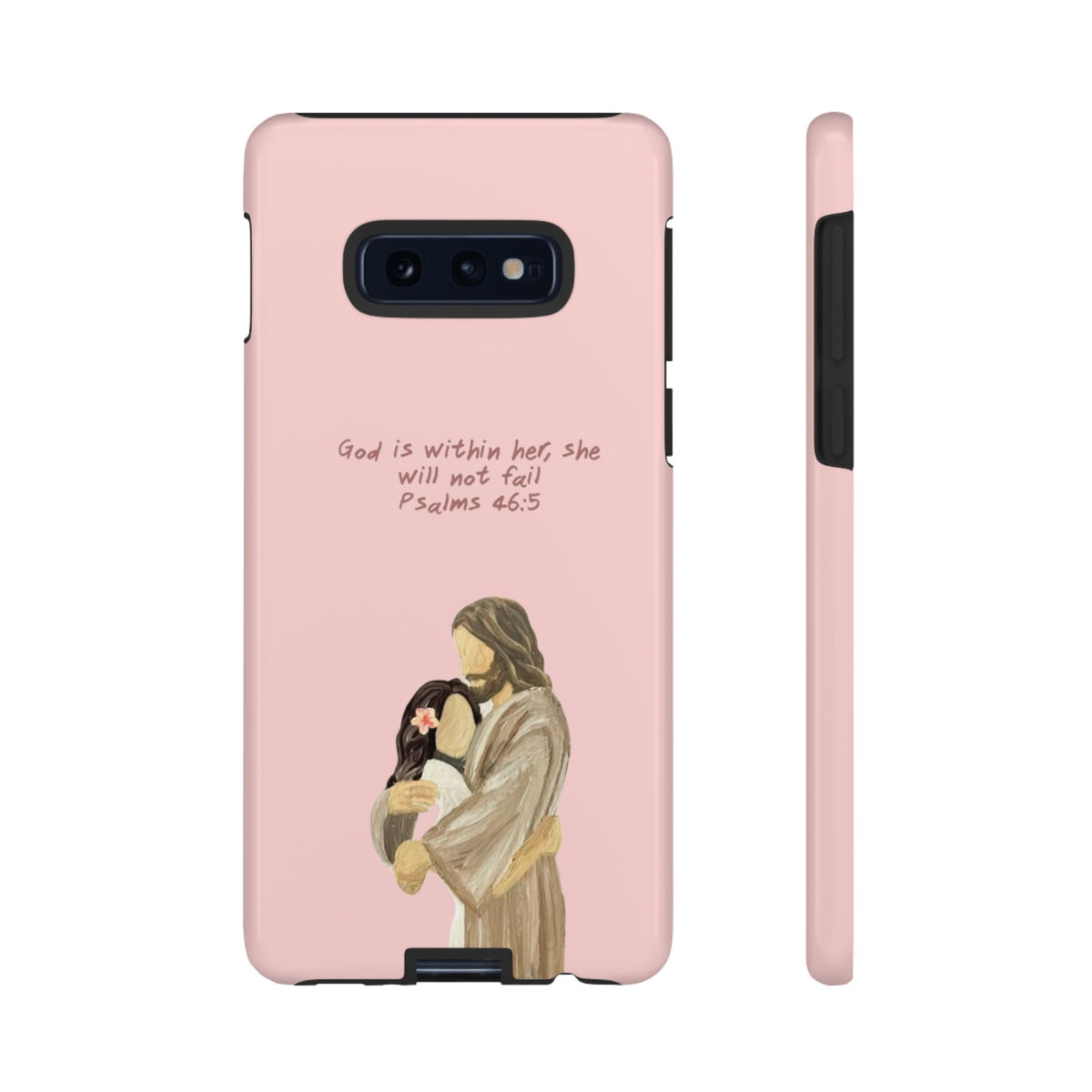 Christelijk telefoonhoesje God is in haar roze mat