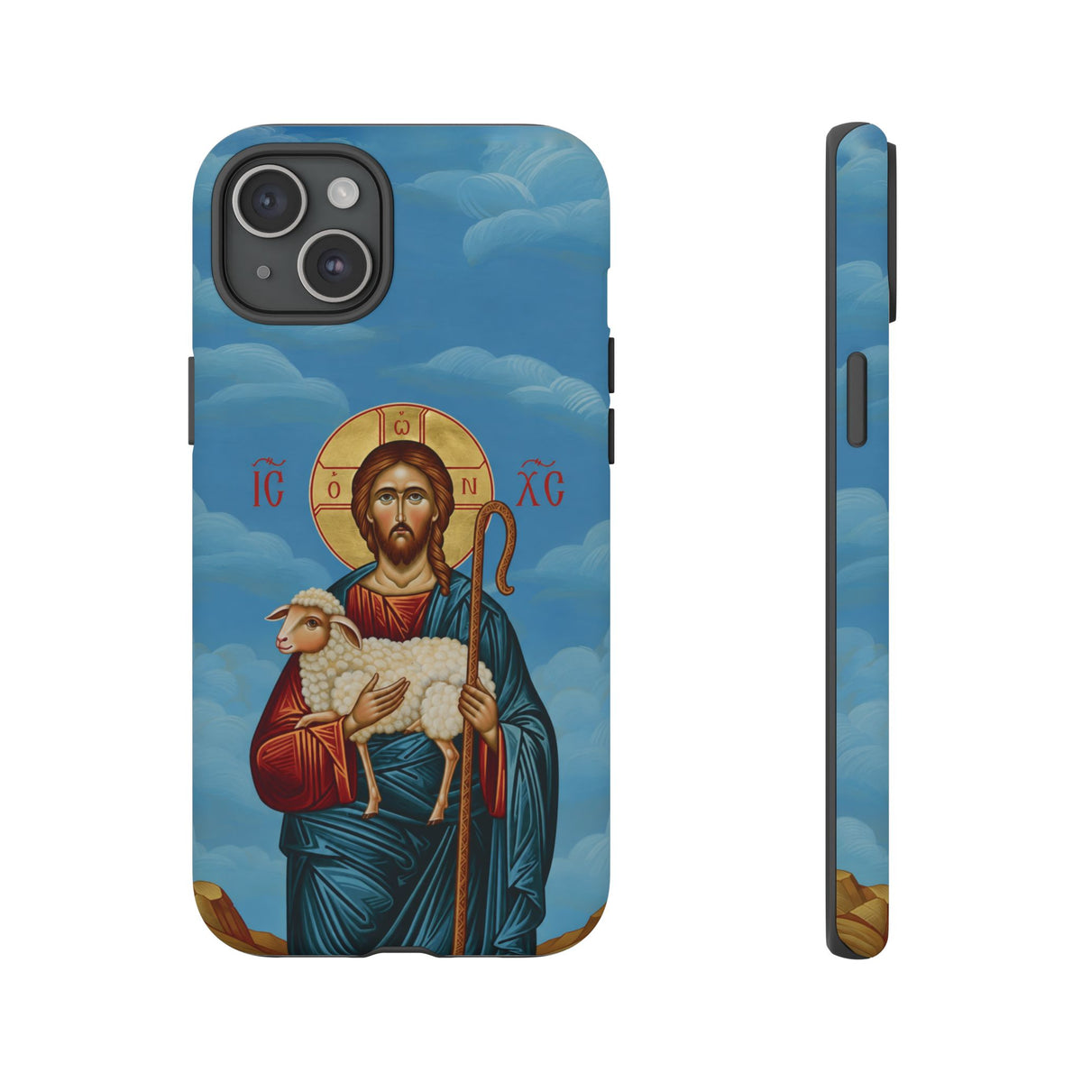 Christelijk telefoonhoesje De Goede Herder blauw mat