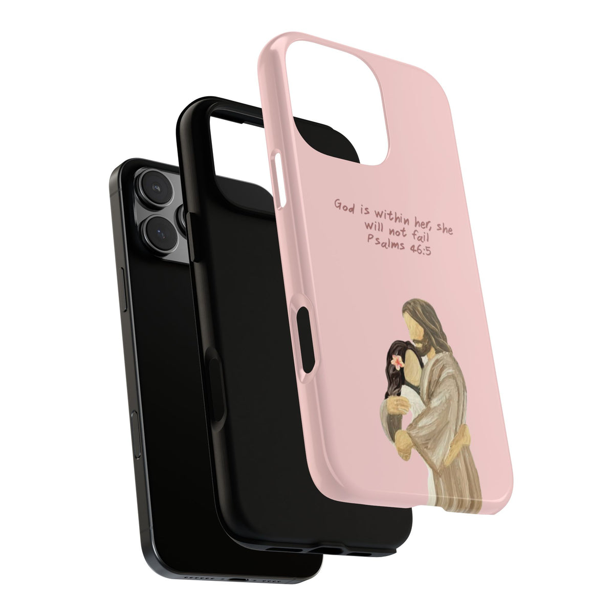 Christelijk telefoonhoesje God is in haar roze mat