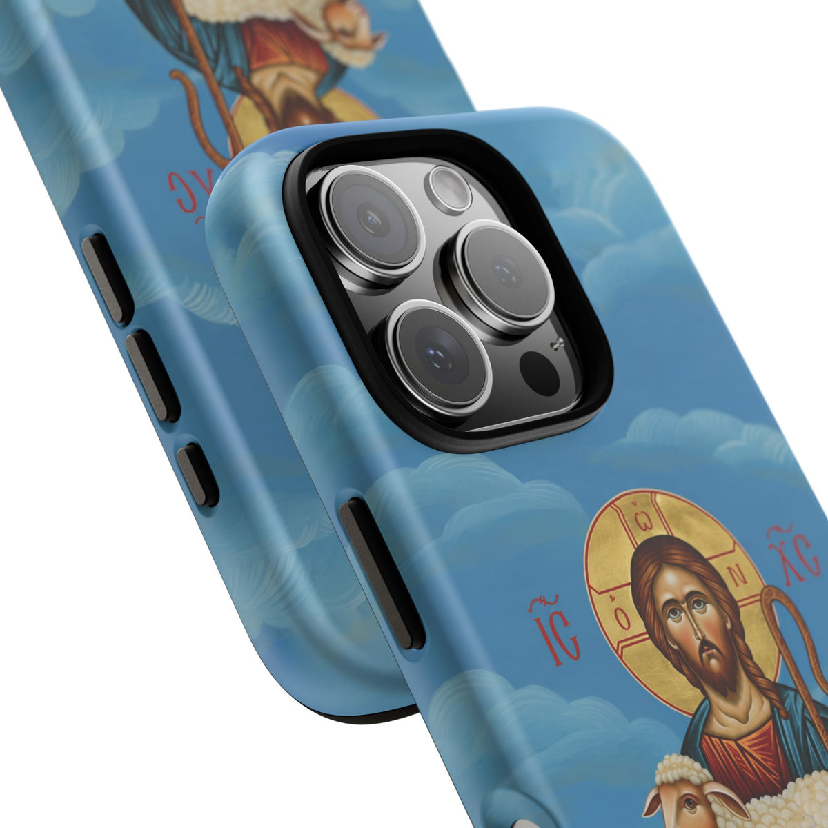 Christelijk telefoonhoesje De Goede Herder blauw mat