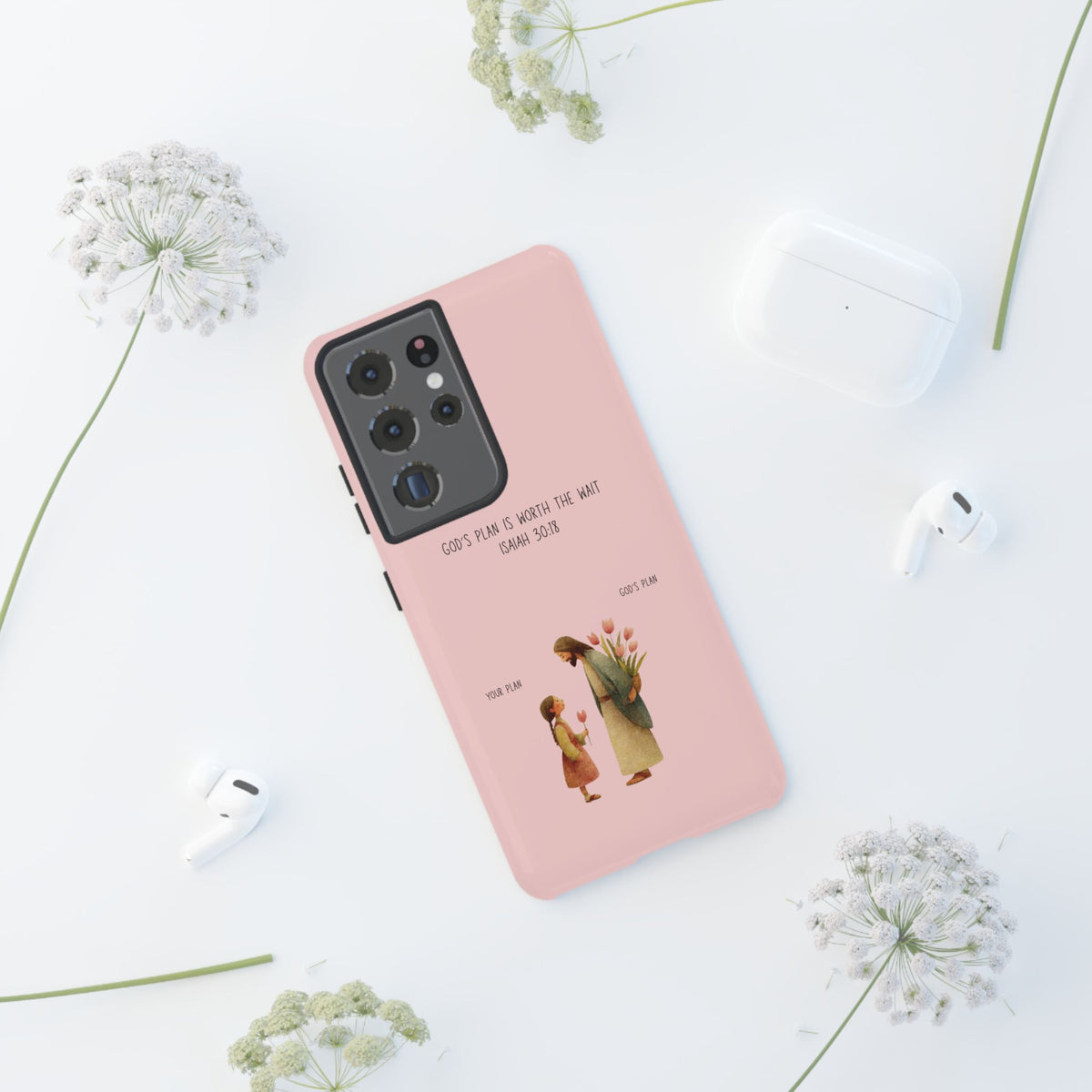 Christelijk telefoonhoesje Gods plan is beter roze mat