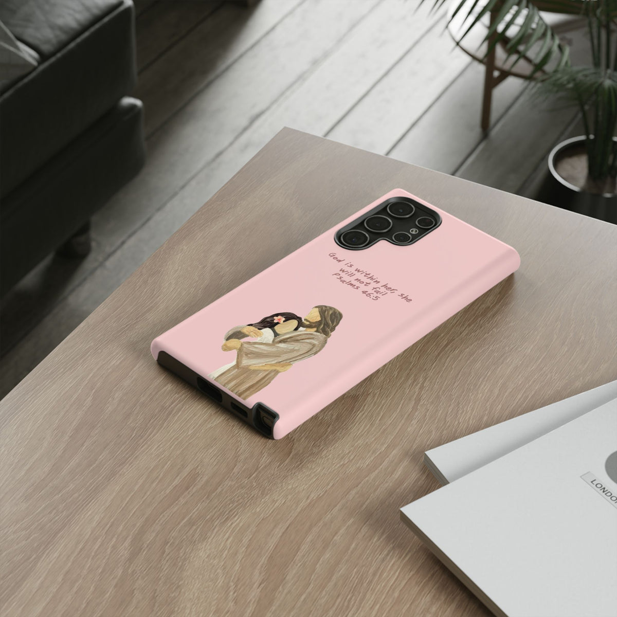 Christelijk telefoonhoesje God is in haar roze mat