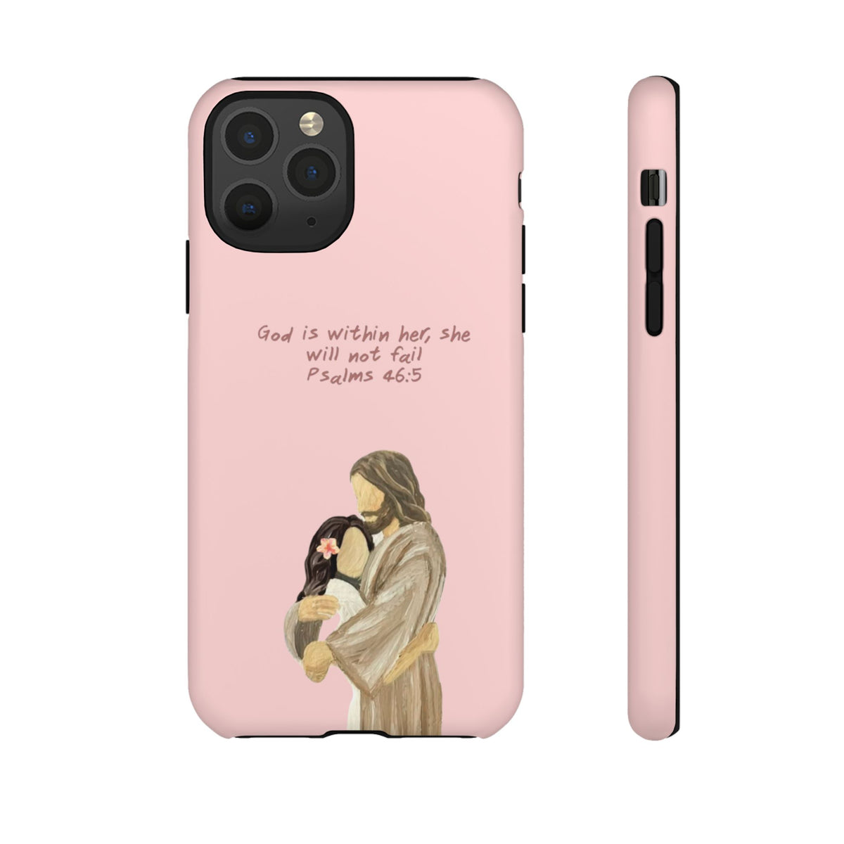 Christelijk telefoonhoesje God is in haar roze mat