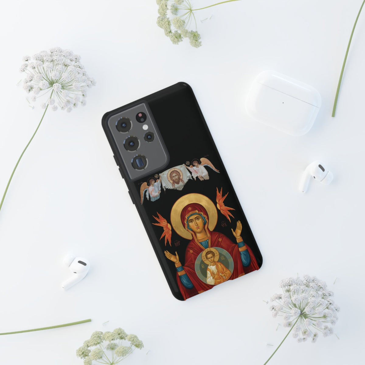 Christelijk telefoonhoesje De Heilige Maagd Maria zwart mat