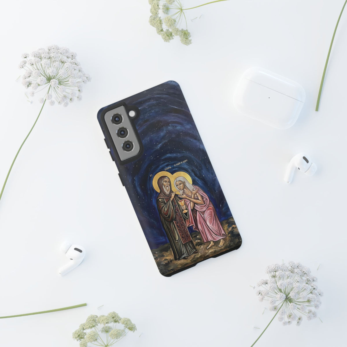 Christelijk telefoonhoesje Maria van Egypte en Sint-Zosimas donkerblauw mat