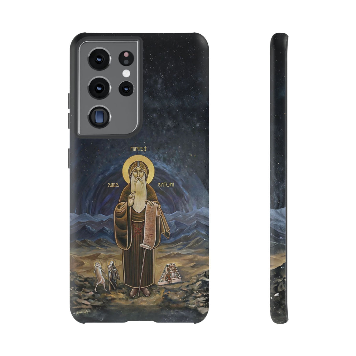 Christelijk telefoonhoesje Sint-Antonius de Grote donkerblauw mat