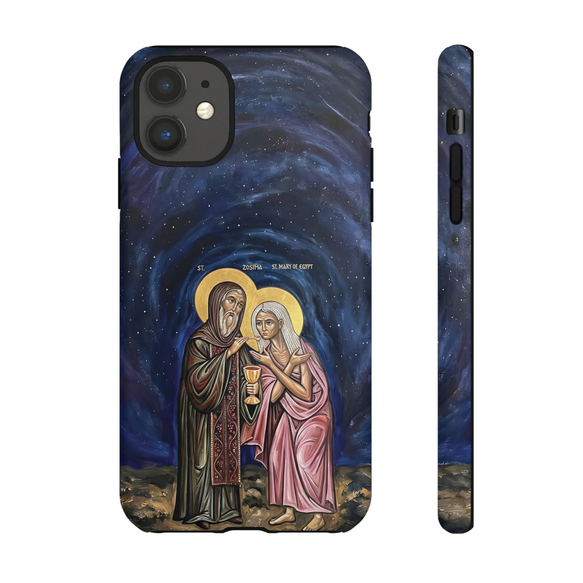 Christelijk telefoonhoesje Maria van Egypte en Sint-Zosimas donkerblauw mat