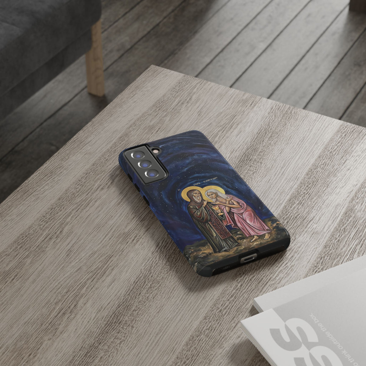 Christelijk telefoonhoesje Maria van Egypte en Sint-Zosimas donkerblauw mat