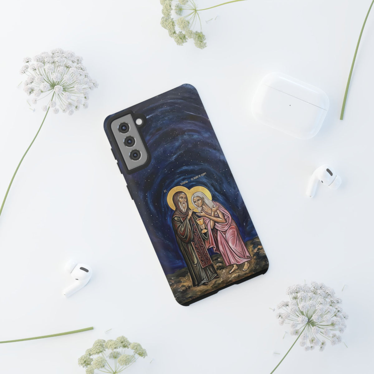 Christelijk telefoonhoesje Maria van Egypte en Sint-Zosimas donkerblauw mat