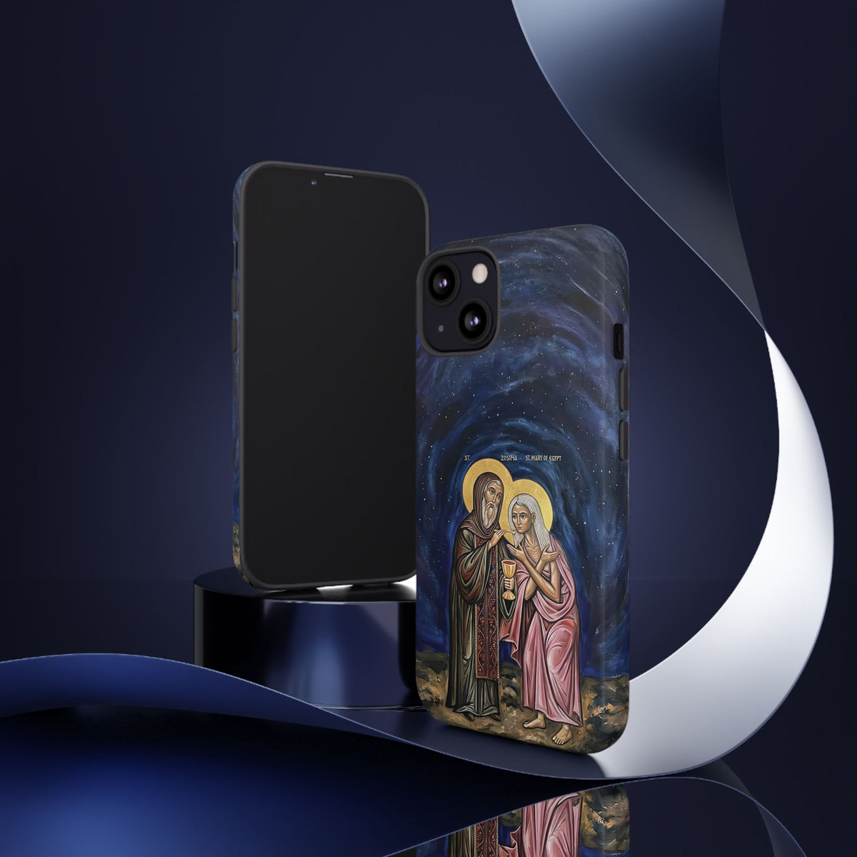 Christelijk telefoonhoesje Maria van Egypte en Sint-Zosimas donkerblauw mat
