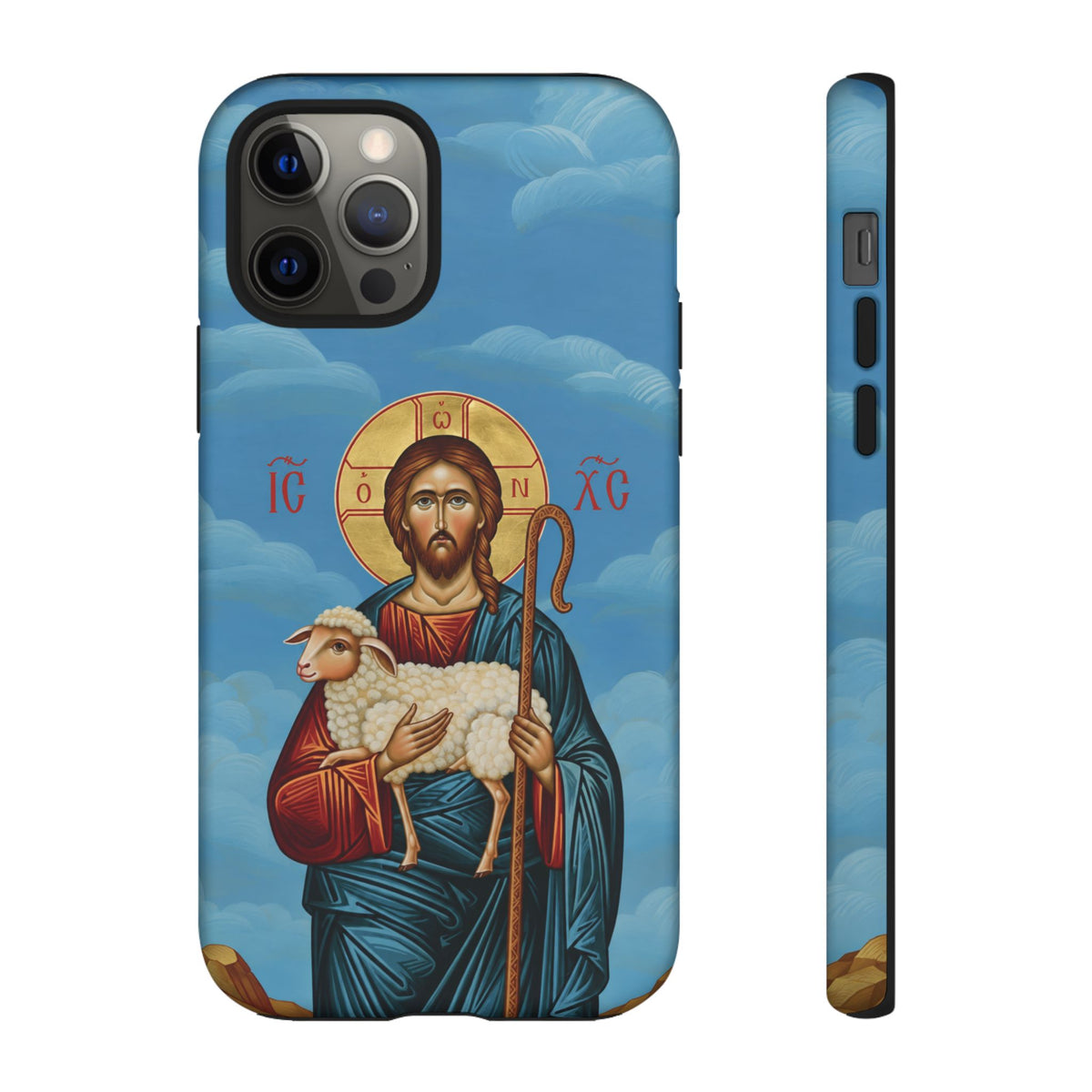 Christelijk telefoonhoesje De Goede Herder blauw mat