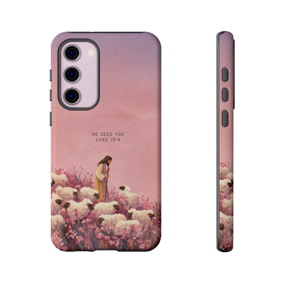 Christelijk telefoonhoesje Hij ziet jou roze mat