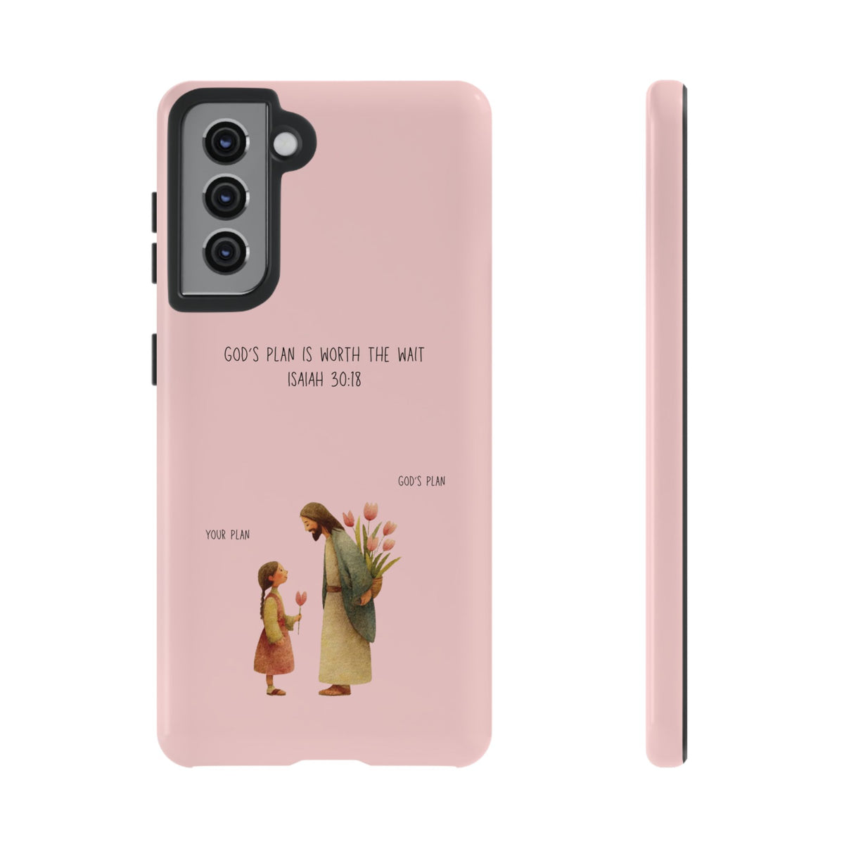 Christelijk telefoonhoesje Gods plan is beter roze mat