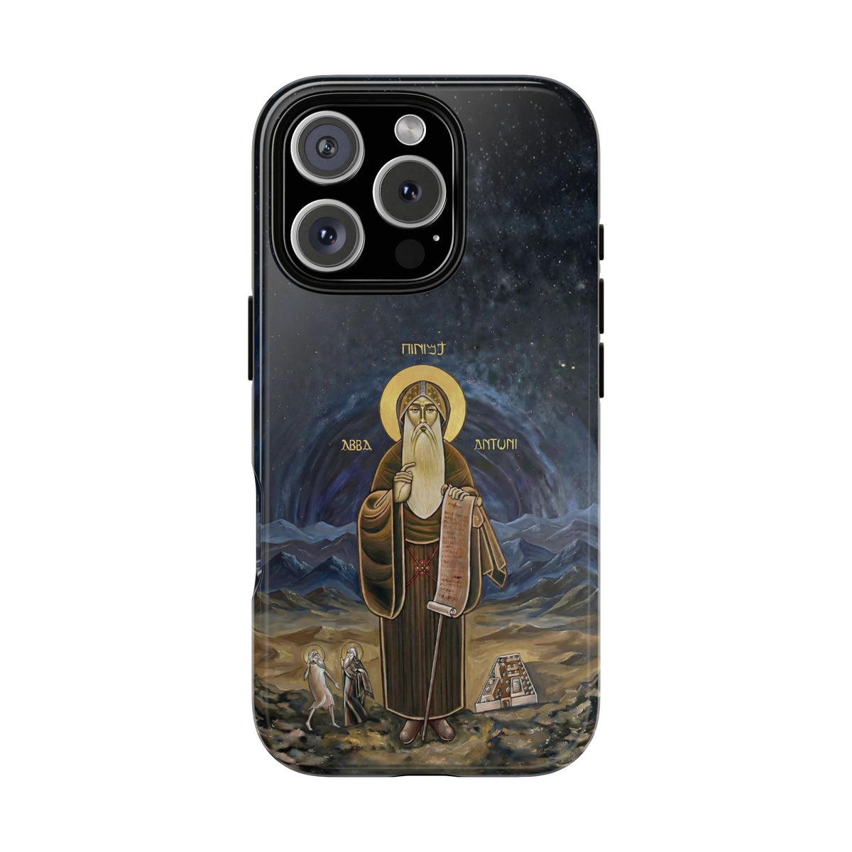 Christelijk telefoonhoesje Sint-Antonius de Grote donkerblauw mat