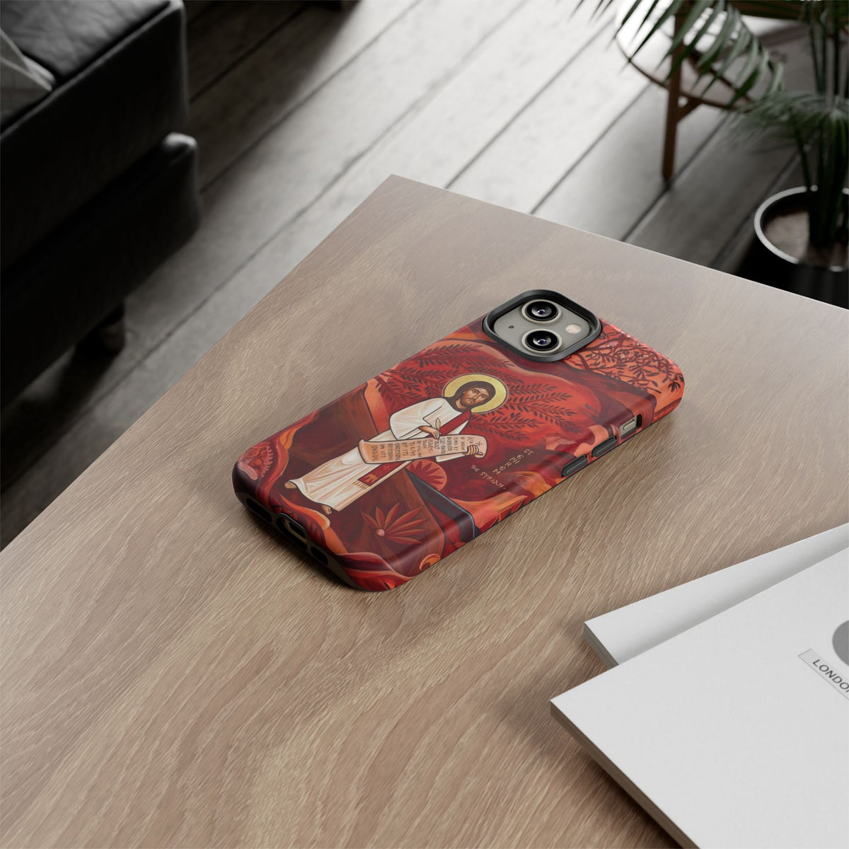 Christelijk telefoonhoesje Sint-Efrem de Syriër rood mat