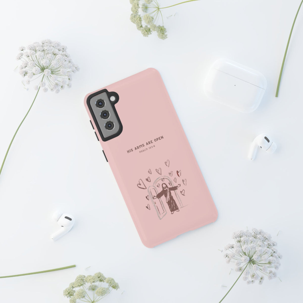 Christelijk telefoonhoesje Zijn armen staan open roze mat
